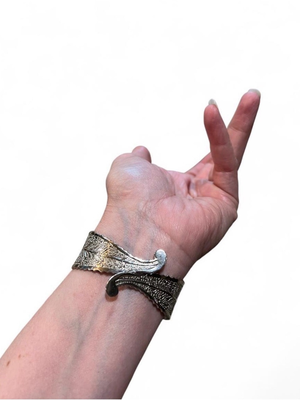 Vintage Mid-Century Modern Ornate Silver Clamper Bracelet